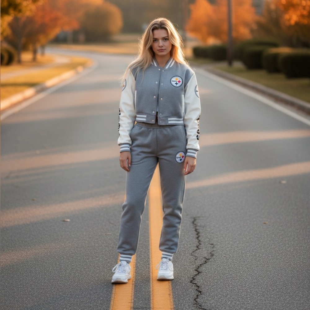 Pittsburgh Steelers Jogging Outfit Gray and White Sports Jacket and Pants Set